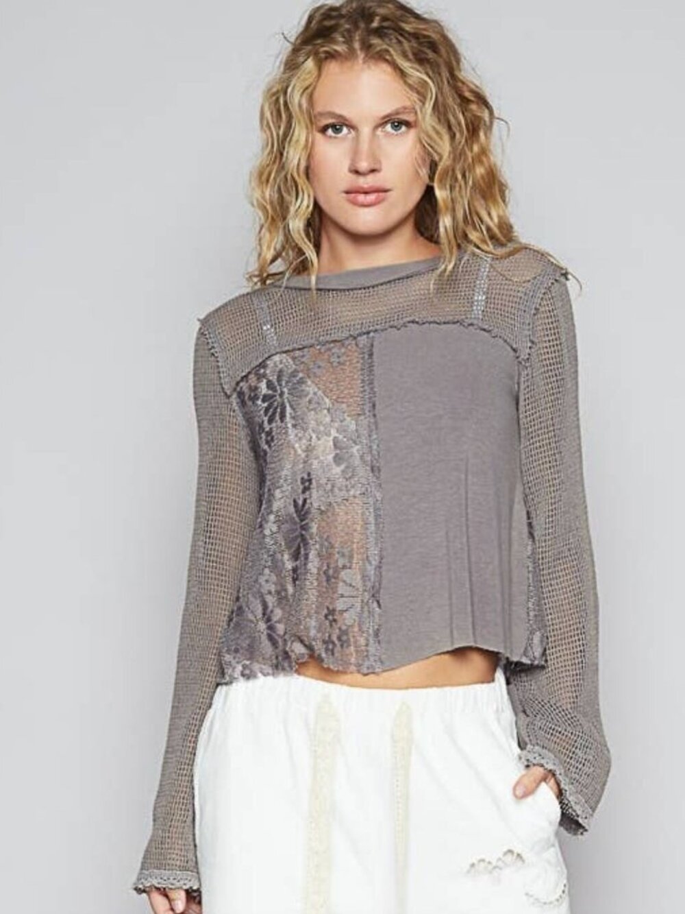 POL Lace Crochet Mesh Long Sleeve Top Gray Size M NWT